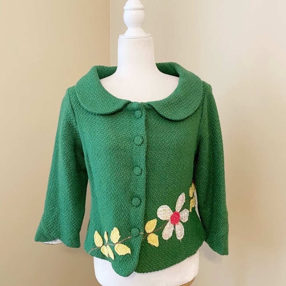 Anthropologie IF Flower Appliqué Button Front Kelly Green Jacket NWT - Large